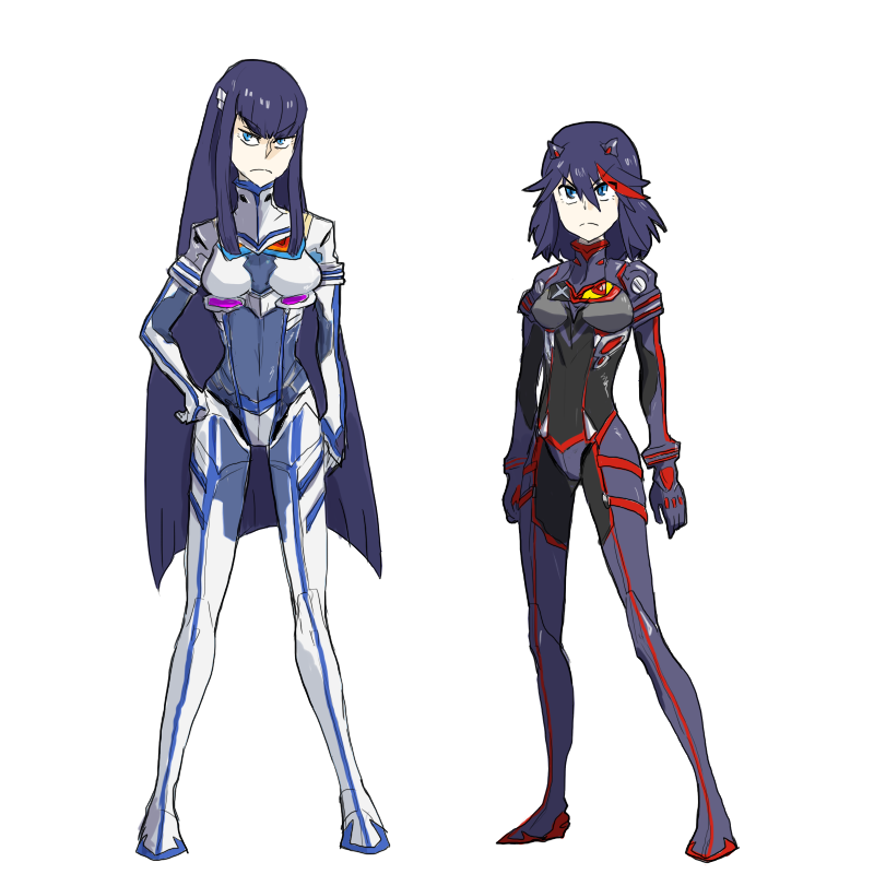 2girls, adapted_costume, black_hair, blue_eyes, bodysuit, cosplay, creator_connection, hair_ornament, hand_on_own_hip, junketsu, kill_la_kill, kiryuuin_satsuki, long_hair, matoi_ryuuko, mecha_pilot_suit, multicolored_hair, multiple_girls, neon_genesis_evangelion, plugsuit_(evangelion), senketsu, short_hair, siblings, simple_background, sisters, streaked_hair, two-tone_hair, uri_(uryu002), very_long_hair, white_background
