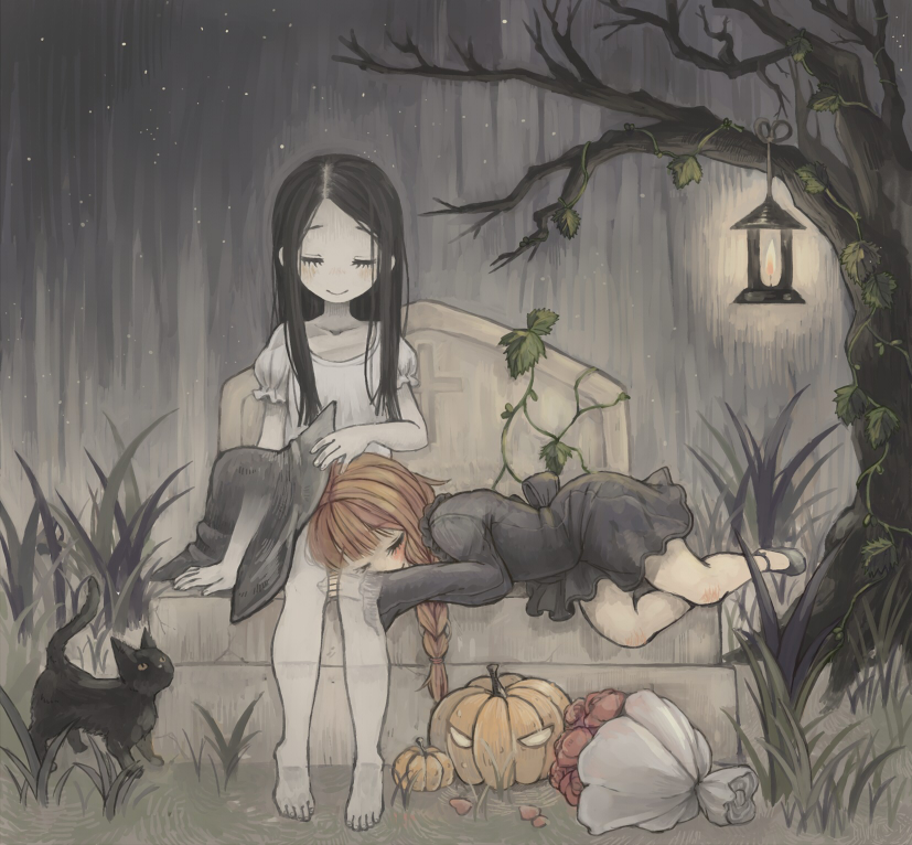 2girls, ade_san, barefoot, black_cat, black_hair, blush, bouquet, braid, brown_hair, cat, dress, closed_eyes, flower, ghost, halloween, hantoumei_namako, hat, jack-o'-lantern, lantern, lap_pillow, long_hair, making-of_available, multiple_girls, original, pale_skin, pumpkin, rose, shoes, single_braid, sleeping, smile, tombstone, tree, witch, witch_hat