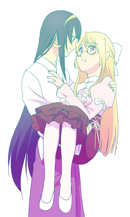 00s, 2girls, bow, brown_skirt, carrying, earrings, from_side, glasses