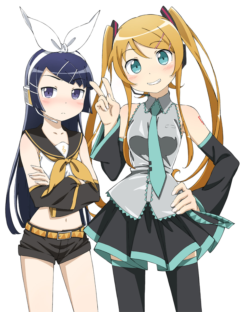 2girls, amahara_hiroaki, bad_id, bad_pixiv_id, black_hair, breasts, brown_hair, cosplay, crossed_arms, detached_sleeves, gokou_ruri, green_eyes, hatsune_miku, hatsune_miku_(cosplay), headphones, headset, kagamine_rin, kagamine_rin_(cosplay), kousaka_kirino, long_hair, medium_breasts, microphone, multiple_girls, necktie, ore_no_imouto_ga_konna_ni_kawaii_wake_ga_nai, purple_eyes, sailor_collar, short_shorts, shorts, thighhighs, twintails, v, vocaloid