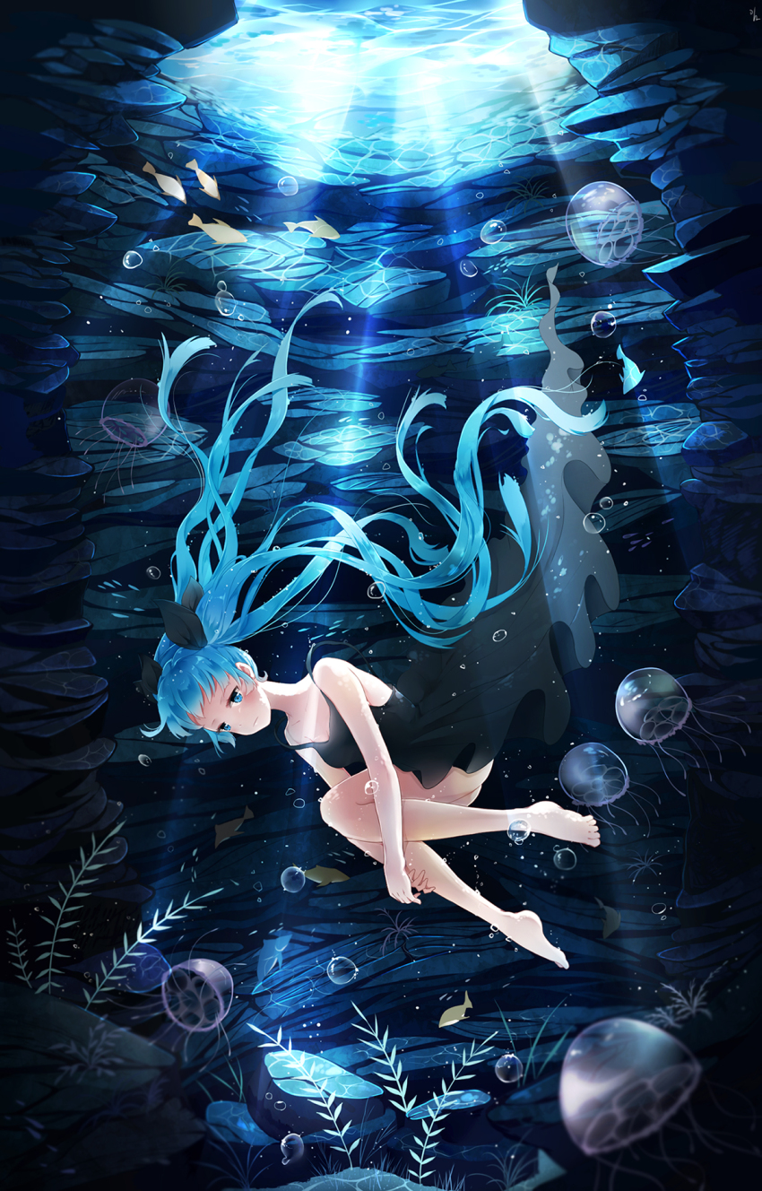 1girl, aqua_eyes, aqua_hair, bad_id, bad_pixiv_id, barefoot, cave, dress