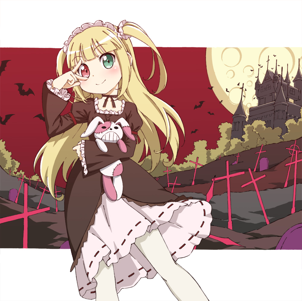 10s, 1girl, accurate_lolita_coord, amahara_hiroaki, bad_id, bad_pixiv_id, bat_(animal), blonde_hair, blunt_bangs, blush, boku_wa_tomodachi_ga_sukunai, castle, child, choker, collarbone, contrapposto, cross, eyebrows, female_focus, full_moon, gothic_lolita, graveyard, hasegawa_kobato, heterochromia, lolita_fashion, long_hair, long_skirt, long_sleeves, looking_at_viewer, moon, red_sky, ribbon-trimmed_skirt, ribbon_trim, skirt, sky, smile, solo, standing, stuffed_animal, stuffed_rabbit, stuffed_toy, thighhighs, twintails, two_side_up, v, v_over_eye