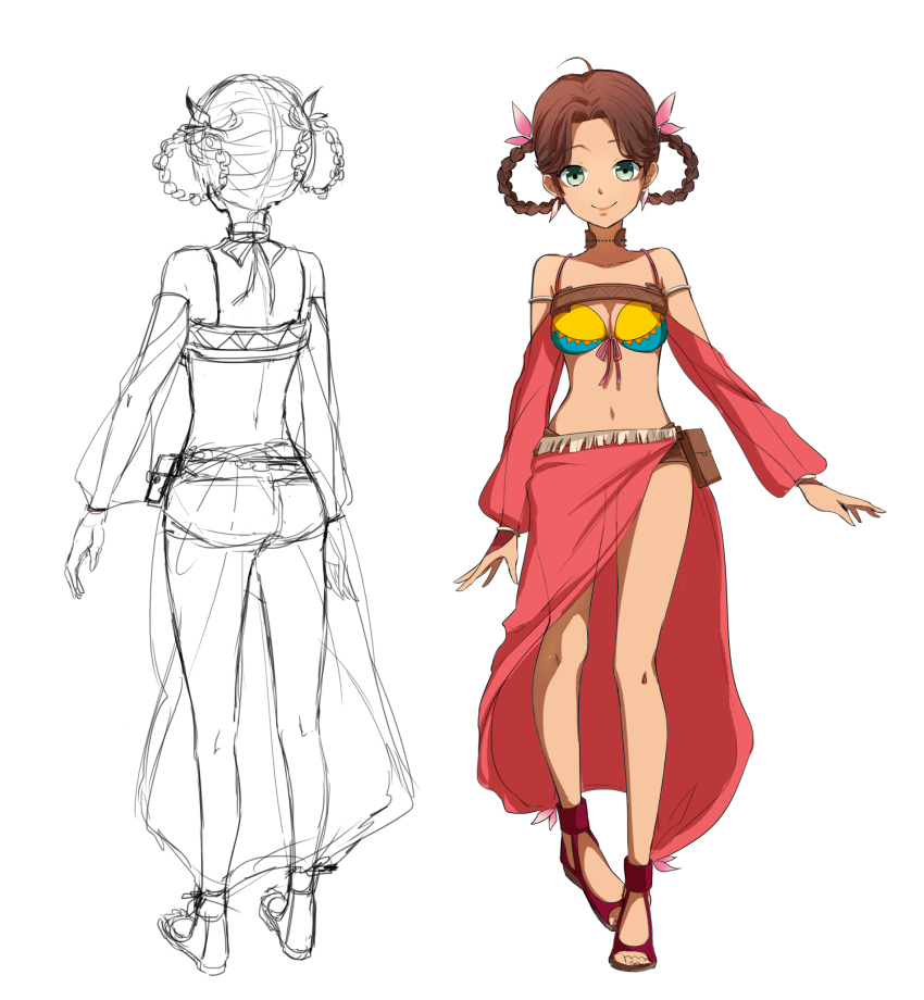 10s, 1girl, bare_shoulders, belt, belt_pouch, braid, braided_hair_rings, brown_hair