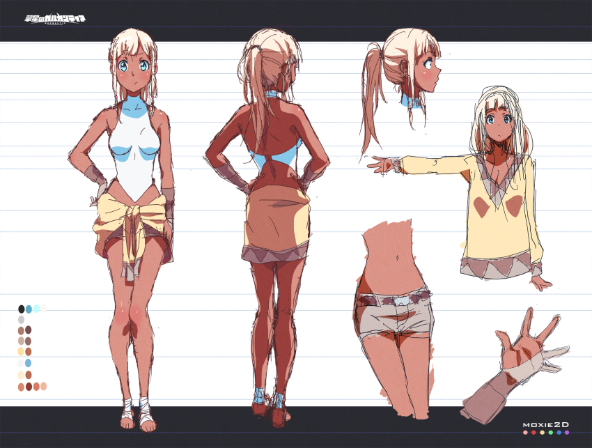 10s, 1girl, ankle_wrap, artist_request, barefoot, blonde_hair, blue_eyes, clothes_around_waist