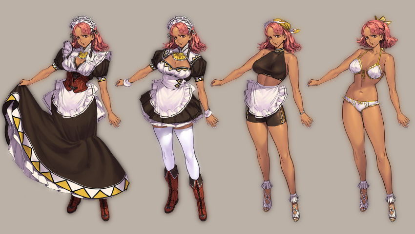 10s, 1girl, apron, azusa_(hws), bandana, bare_shoulders, bike_shorts, boots, bra, breasts, cleavage, corset, costume_chart, frilled_bra, frilled_panties, frills, full_body, gargantia_contest, halterneck, highres, large_breasts, maid, maid_apron, maid_headdress, midriff, multiple_views, panties, pink_hair, red_eyes, short_hair, smile, suisei_no_gargantia, thighhighs, underwear, underwear_only, variations, white_bra, white_panties, white_thighhighs, zettai_ryouiki