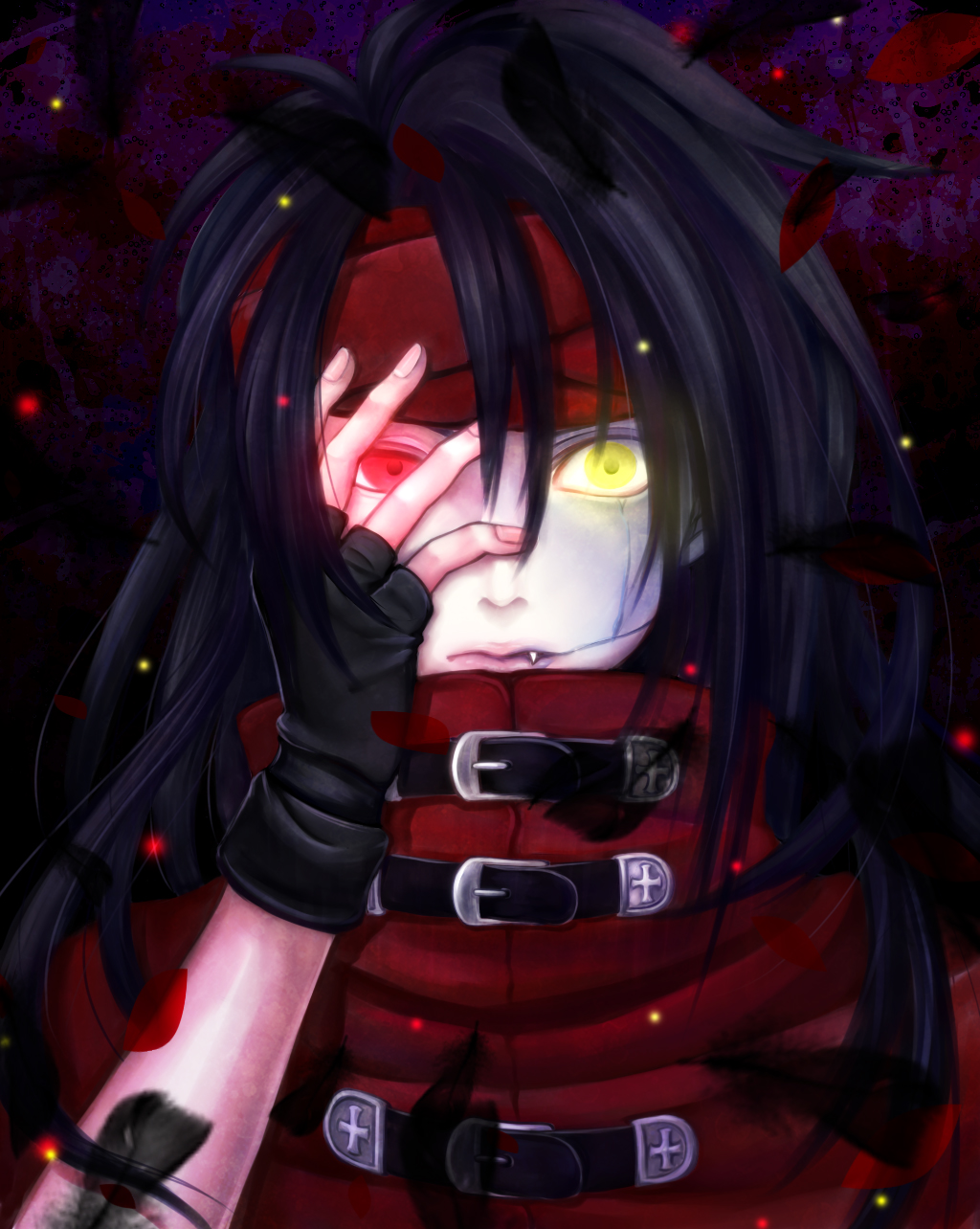 1990s_(style), 1boy, black_hair, fang, final_fantasy, final_fantasy_vii, fingerless_gloves, gloves
