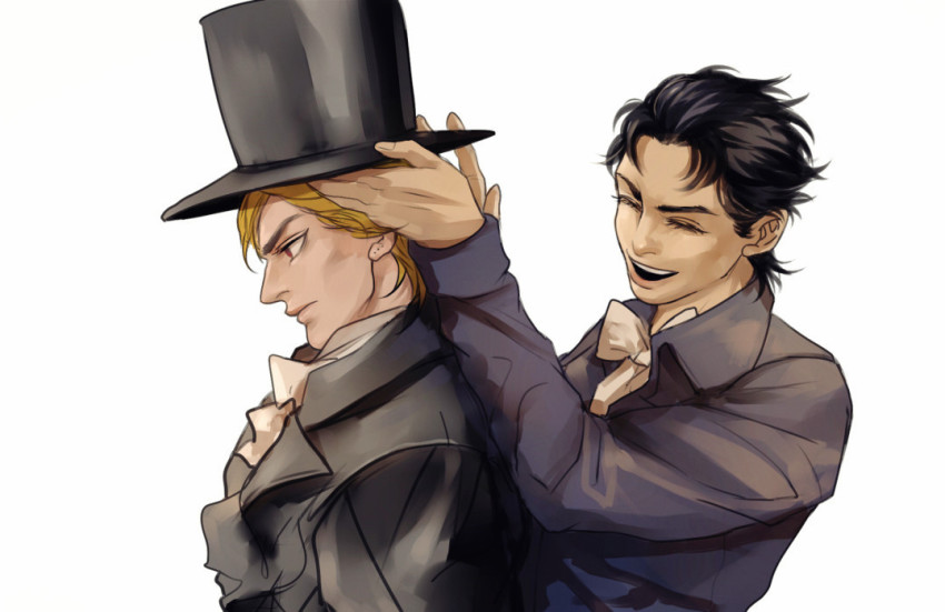 2boys, black_hair, bow, dio_brando, hat, jojo_no_kimyou_na_bouken, jonathan_joestar, kilva_lollop