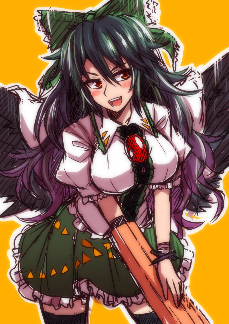 >:d, 1girl, :d, arm_cannon, black_hair, black_thighhighs, black_wings, blush