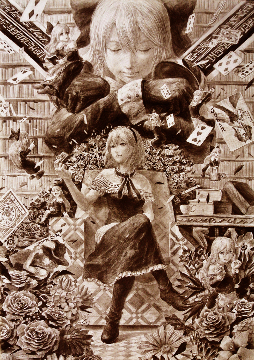 6+girls, absurdres, alice_margatroid, apron, book, bookshelf, bow, capelet