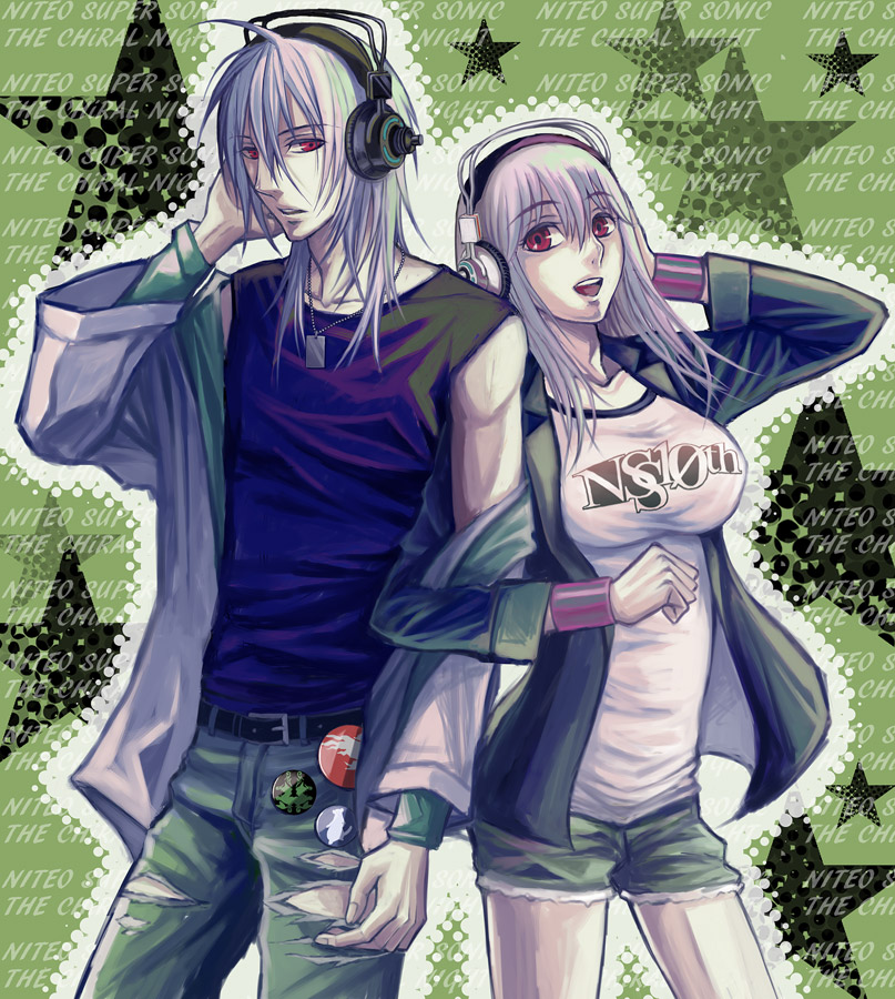 1boy, 1girl, badge, breasts, brother_and_sister, company_connection, hand_on_headphones, headphones