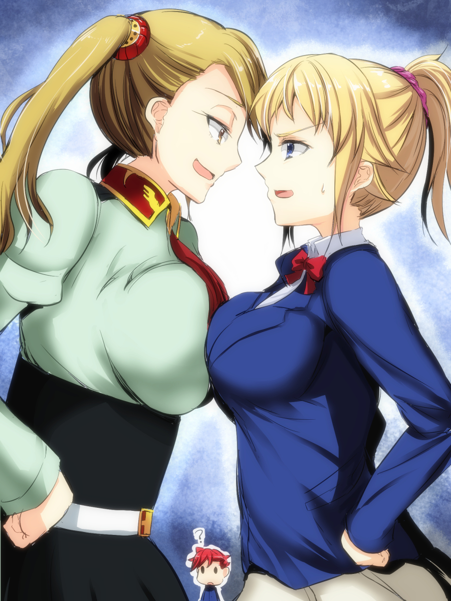 10s, 1boy, 2girls, ?, asymmetrical_docking, blonde_hair, breast_press, breasts