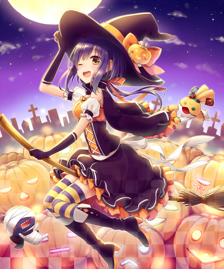 10s, 1girl, ;d, amane_kurumi, black_gloves, blush, broom, broom_riding