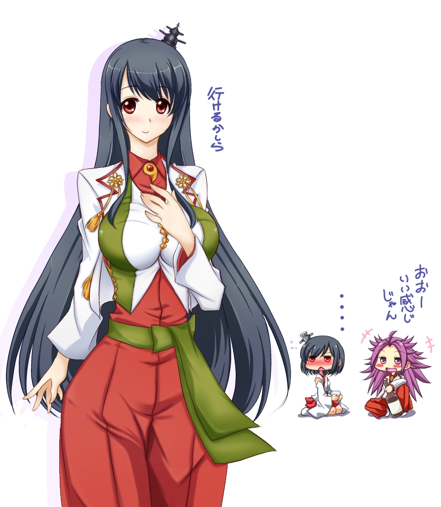 ..., 3girls, alcohol, blush, breasts, cosplay, cowboy_shot, fusou_(kancolle)