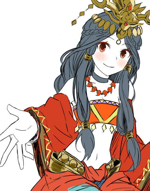 1girl, ame_no_uzume_(p&amp;d), bandeau, black_hair, blush, braid, breasts, choker