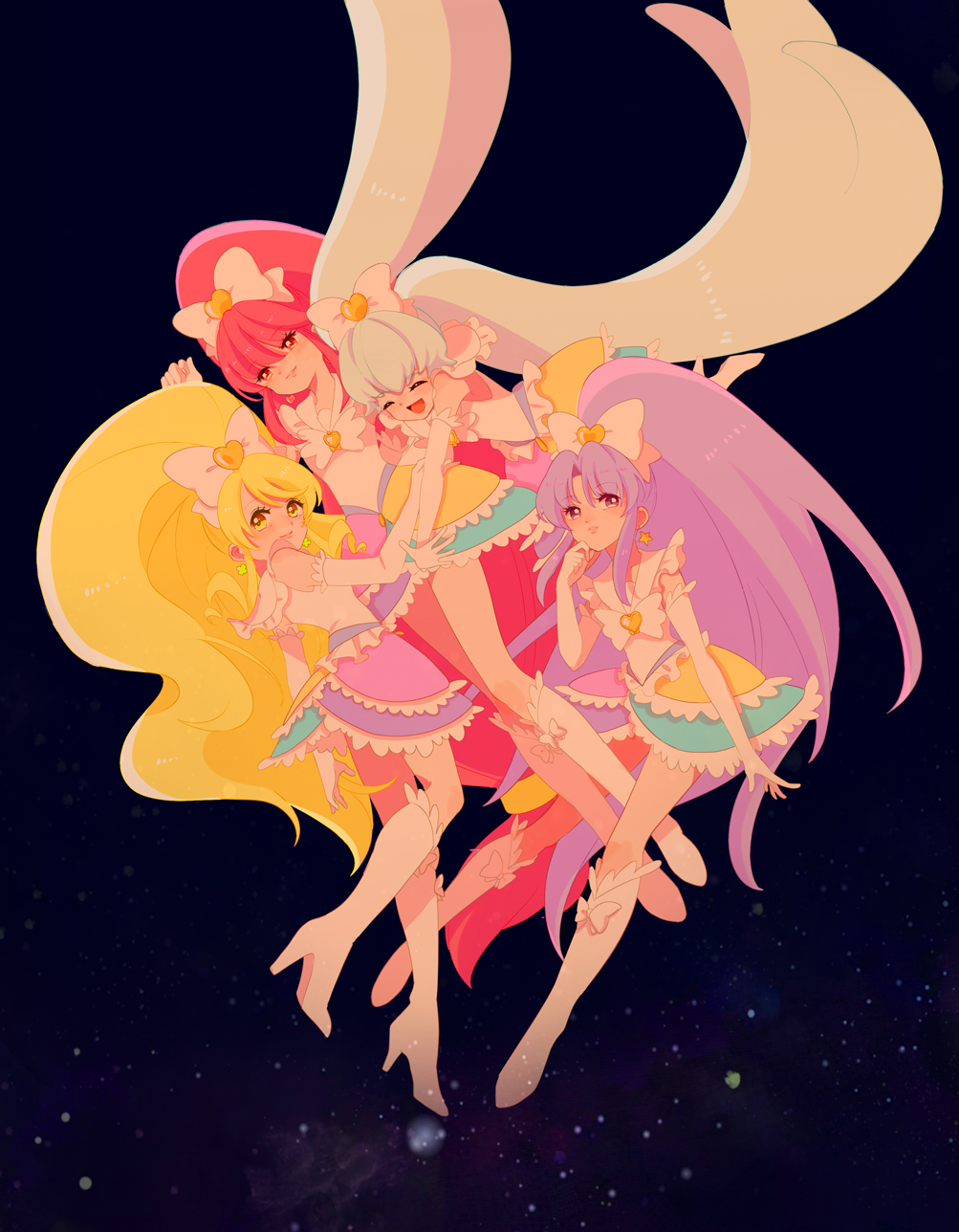 10s, 4girls, aino_megumi, black_background, boots, bow, brooch, closed_eyes