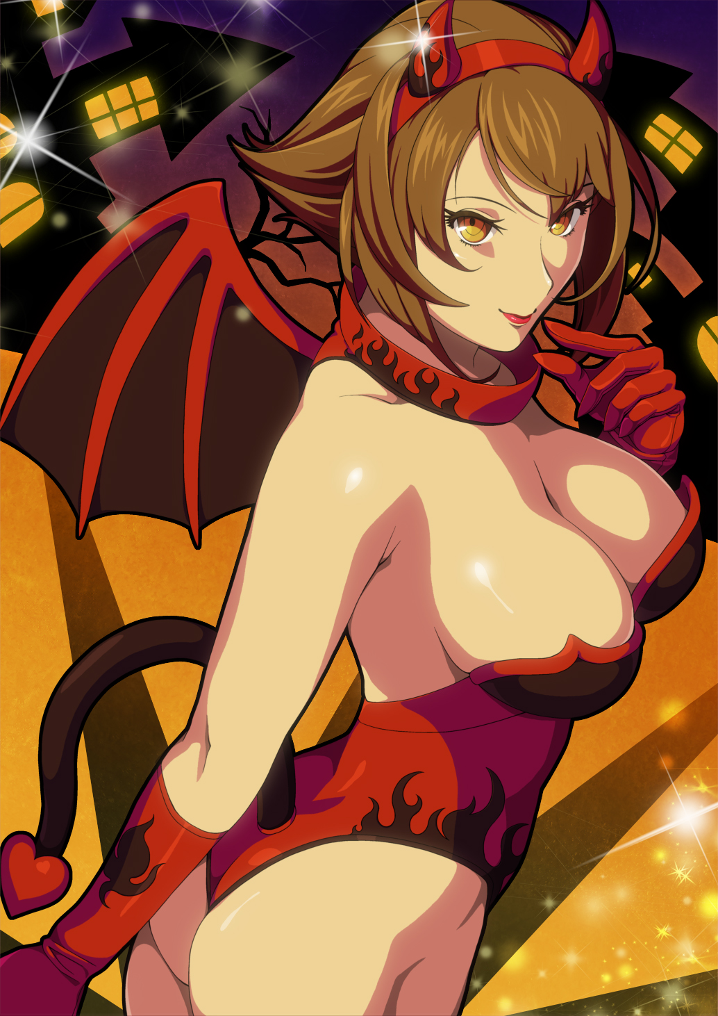 1girl, antennae, bare_shoulders, breasts, brown_eyes, brown_hair, cleavage, cosplay, demon_girl, demon_tail, demon_wings, female_focus, gloves, hair_ornament, halloween, highleg, highres, horns, kantai_collection, kuroi_ani, large_breasts, leotard, lipstick, makeup, mutsu_(kancolle), night, red_gloves, red_lips, short_hair, solo, standing, tail, wings