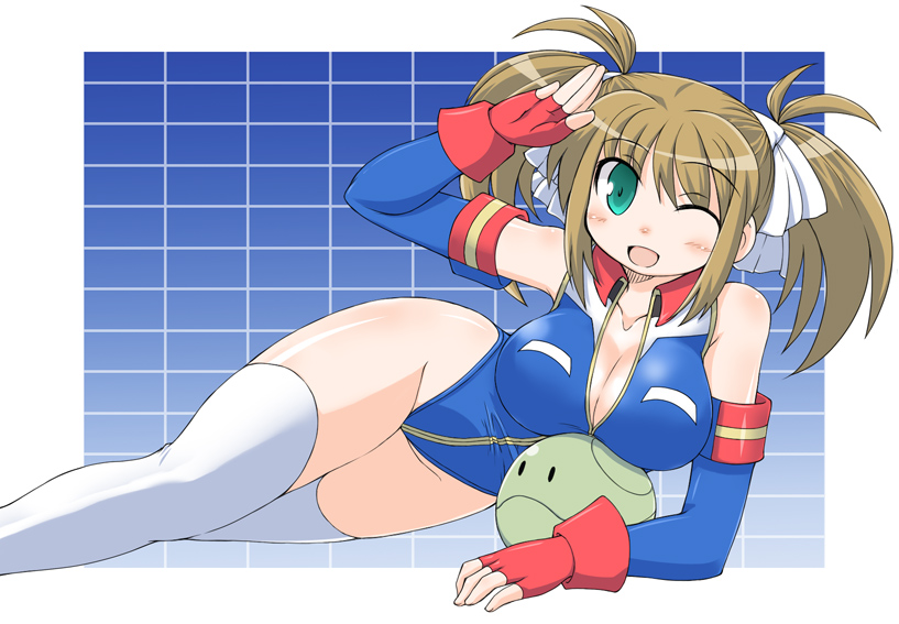 1girl, breasts, brown_hair, cleavage, female_focus, green_eyes, gundam, gundam_card_builder