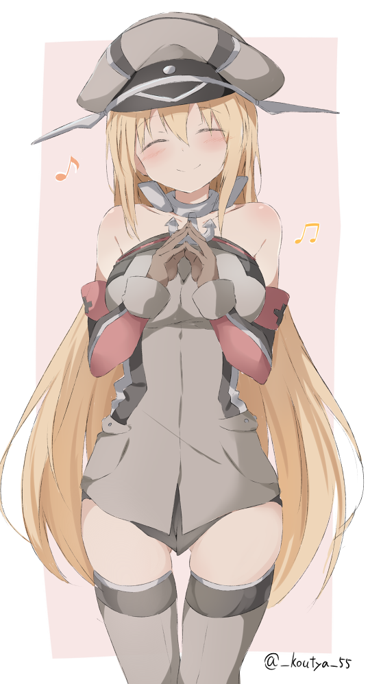 10s, 1girl, ^_^, armband, bare_shoulders, beamed_quavers, bismarck_(kancolle), blonde_hair