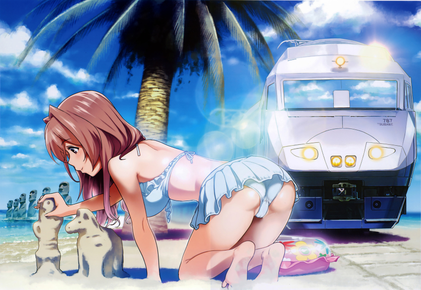 10s, 1girl, absurdres, all_fours, ass, bare_legs, bare_shoulders, barefoot, beach, bikini, bikini_skirt, blue_bikini, breasts, brown_eyes, brown_hair, feet, female_focus, hair_intakes, hakatanmon, highres, innertube, japan_railways, koumi_haruka, kyushu_railway_company, large_breasts, lens_flare, long_hair, moai, multiple_unit_train, palm_tree, rail_wars!, scan, sky, smile, solo, swim_ring, swimsuit, train, tree