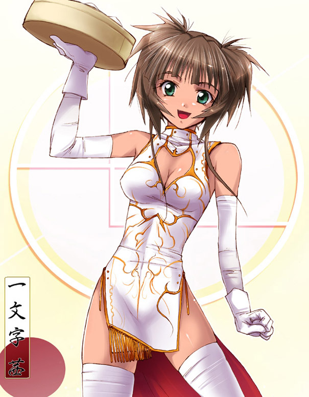 1girl, bamboo_steamer, bare_shoulders, breasts, brown_hair, china_dress, chinese_clothes, cleavage