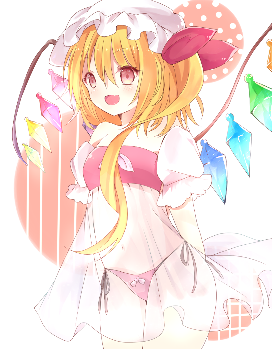 1girl, :d, arms_behind_back, asymmetrical_hair, asymmetrical_wings, blonde_hair, bow, chemise