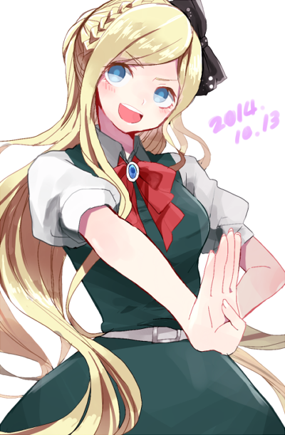 10s, 1girl, belt, blonde_hair, blue_eyes, blush, bow, braid
