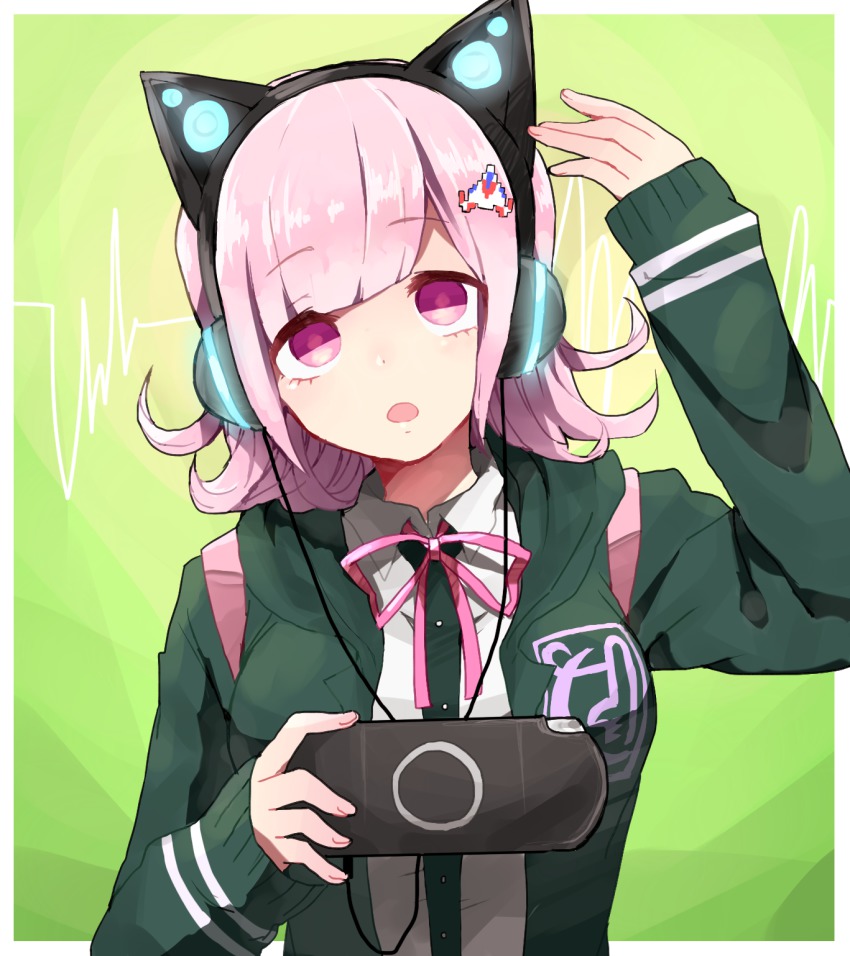 10s, 1girl, animal_ear_headphones, animal_ears, axent_wear, backpack, bag, cat_ear_headphones, cat_ears, danganronpa_(series), danganronpa_2:_goodbye_despair, fake_animal_ears, female_focus, flipped_hair, hair_ornament, hairclip, handheld_game_console, headphones, highres, hood, hoodie, nanami_chiaki, open_mouth, pink_eyes, pink_hair, playstation_portable, shine5s, short_hair, solo