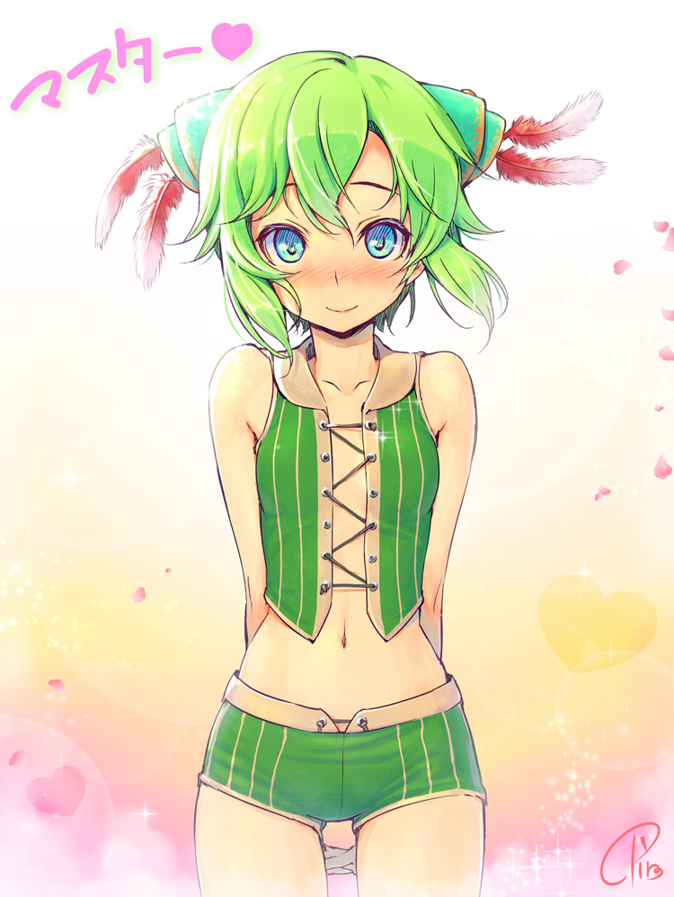 1girl, arms_behind_back, bad_id, bad_pixiv_id, bare_shoulders, blue_eyes, blush, collarbone, female_focus, gloves, green_hair, groin, hair_ornament, hat, last_summoner, looking_at_viewer, navel, petals, piro_(artist), piro_(orip), robin_hood_(last_summoner), shorts, smile, solo, text_focus, thigh_gap, vest