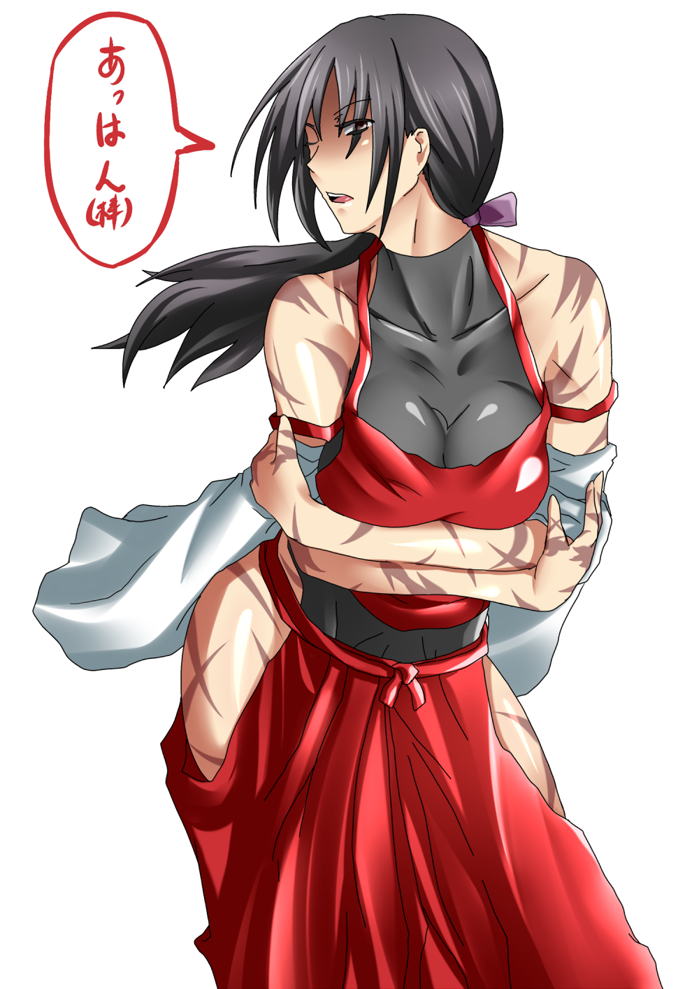 1girl, artist_collaboration, black_hair, bow, breasts, contrapposto, detached_sleeves, female_focus