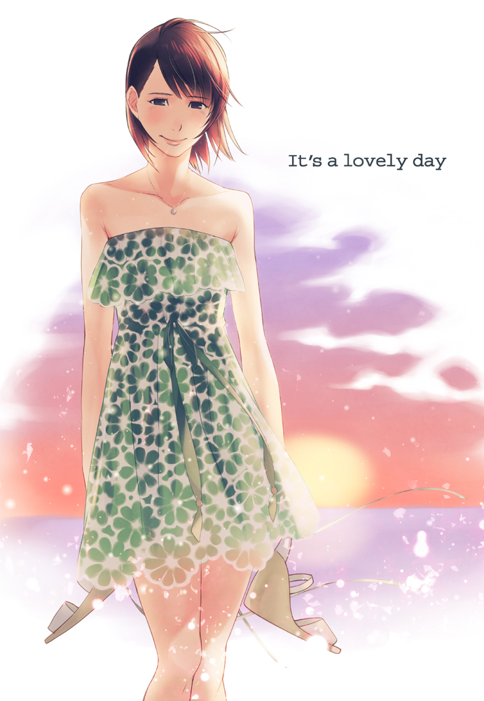 1girl, bare_shoulders, black_eyes, blush, brown_hair, collarbone, dress, english_text, female_focus, hirano_katsuyuki, holding, holding_shoes, holding_unworn_clothes, horizon, ikuta_erina, jewelry, morning_musume, necklace, real_life, shoes, short_hair, smile, solo, standing, strapless, strapless_dress, sun, unworn_shoes