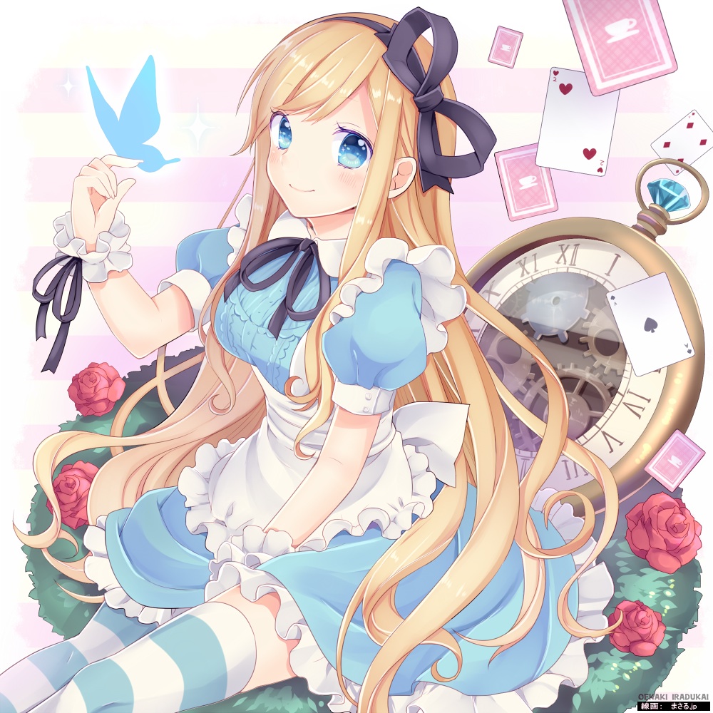 1girl, alice_(alice_in_wonderland), alice's_adventures_in_wonderland, between_legs, blonde_hair, blue_eyes, bow, bug