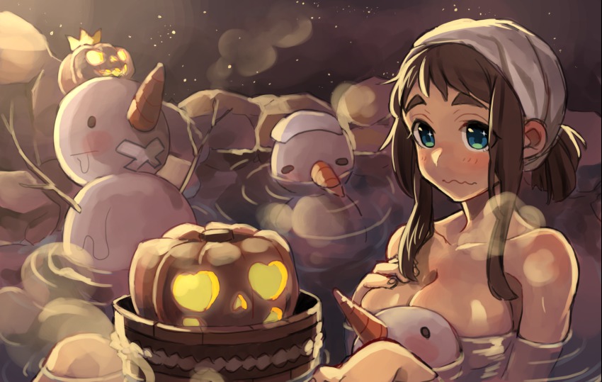 1girl, breasts, brown_hair, bucket, carrot, cleavage, creature, female_focus
