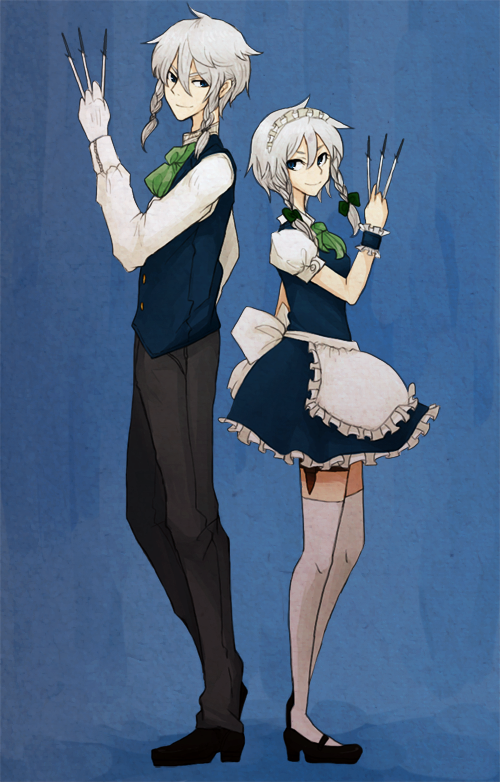 1boy, 1girl, apron, ascot, back-to-back, between_fingers, blue_background, blue_eyes