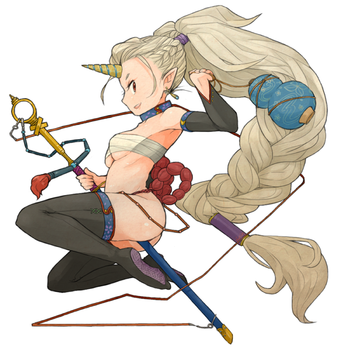 1girl, black_gloves, black_thighhighs, boots, braid, breasts, bridal_gauntlets, budget_sarashi