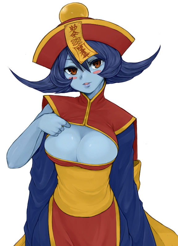 1girl, blue_skin, blush_stickers, breasts, brown_eyes, cleavage, cleavage_cutout, clothing_cutout, colored_skin, darkstalkers, female_focus, flipped_hair, hsien-ko, jiangshi, large_breasts, morishige, ofuda, purple_hair, short_hair, smile, solo