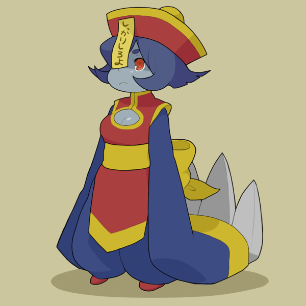 1girl, baggy_pants, blue_hair, blue_skin, breasts, chibi, chinese_clothes, claw_(weapon)