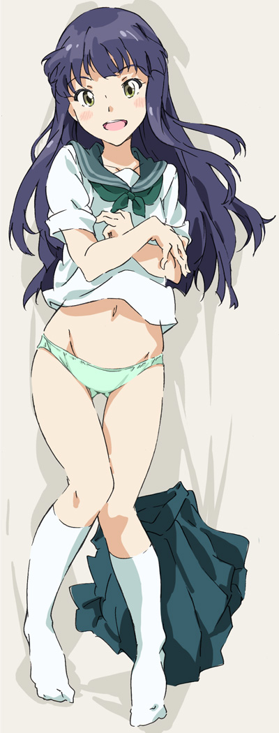 10s, 1girl, :d, black_hair, blush, dakimakura_(medium), feet, female_focus, green_panties, groin, long_hair, looking_at_viewer, nanase_yoshino, navel, no_shoes, open_mouth, panties, school_uniform, serafuku, skirt, smile, socks, solo, umanosuke, underwear, unworn_skirt, wake_up_girls!, white_socks, yellow_eyes