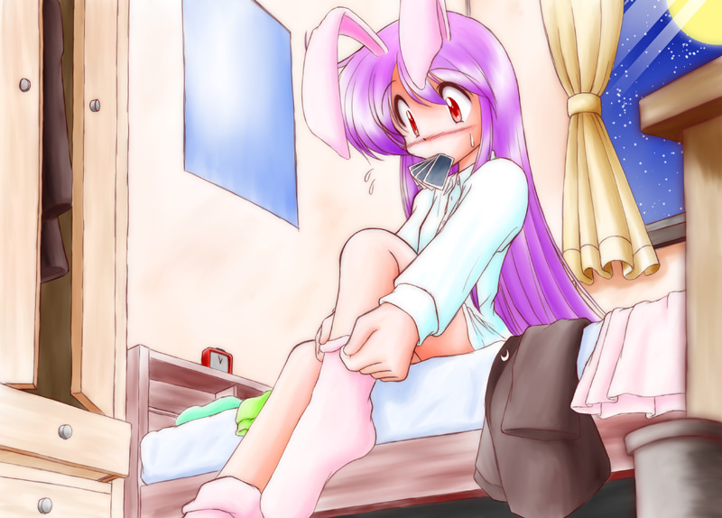 1girl, animal_ears, bed, blush, female_focus, hair_between_eyes, ishitsu_tadashi, mouth_hold