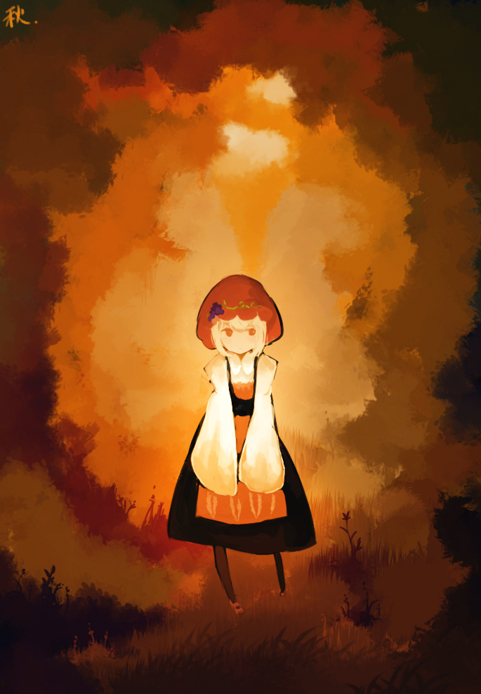 1girl, aki_minoriko, blonde_hair, brown_eyes, brown_theme, dress, female_focus, grass, hat, long_sleeves, orange_eyes, orange_theme, r_tong, short_hair, signature, sleeves_past_wrists, solo, touhou