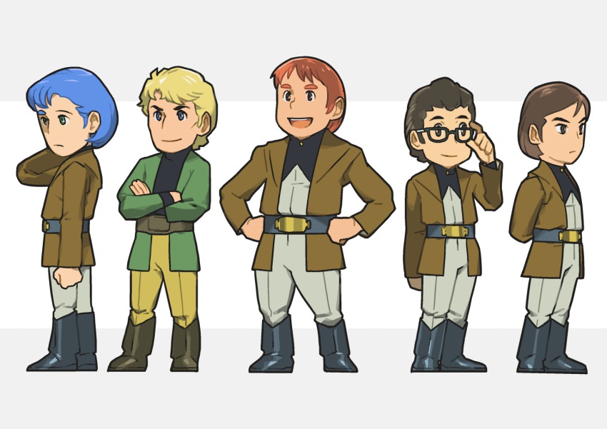 5boys, bento_malus, black_hair, blonde_hair, blue_eyes, blue_hair, boots, brown_eyes