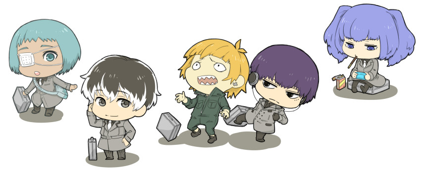 015, 10s, 2girls, 3boys, absurdres, blue_eyes, blue_hair, chibi, eyepatch, game_console, headphones, highres, kaneki_ken, multiple_boys, multiple_girls, mutsuki_tooru, necktie, pocky, sasaki_haise, shirazu_ginshi, suitcase, tokyo_ghoul, tokyo_ghoul:re, twintails, urie_kuki, yonebayashi_saiko