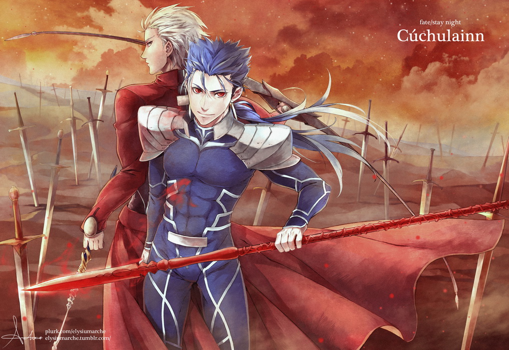 2boys, archer_(fate), back-to-back, blue_hair, bow_(weapon), community666, cu_chulainn_(fate), cu_chulainn_(fate/stay_night)
