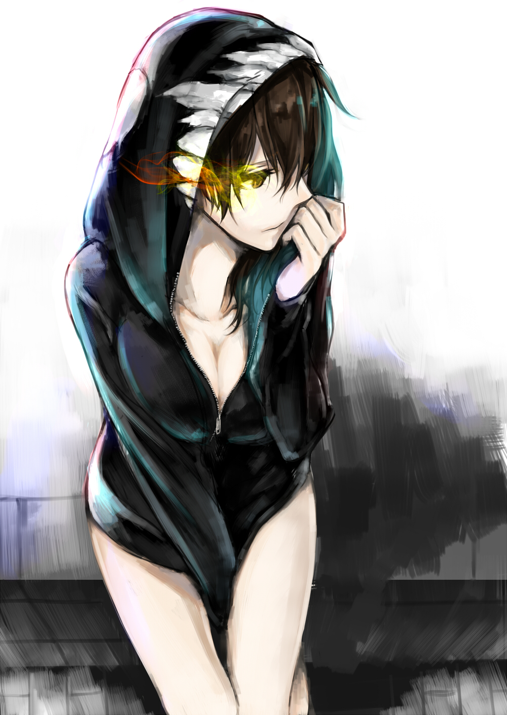 10s, 1girl, abyssal_ship, between_legs, bottomless, breasts, breasts_squeezed_together, brown_hair