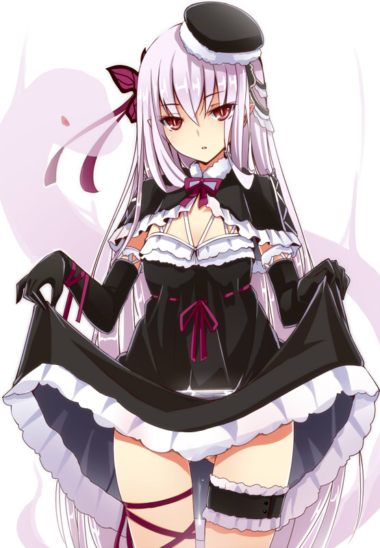 1girl, black_gloves, butterfly_hair_ornament, clothes_lift, elbow_gloves, female_focus, gloves, hair_ornament, hat, light_purple_hair, long_hair, looking_at_viewer, mutou_kurihito, pointy_ears, red_eyes, saitou_dousan_(sengoku_bushouki_muramasa), sengoku_bushouki_muramasa, skirt, skirt_lift, solo, thigh_strap, very_long_hair