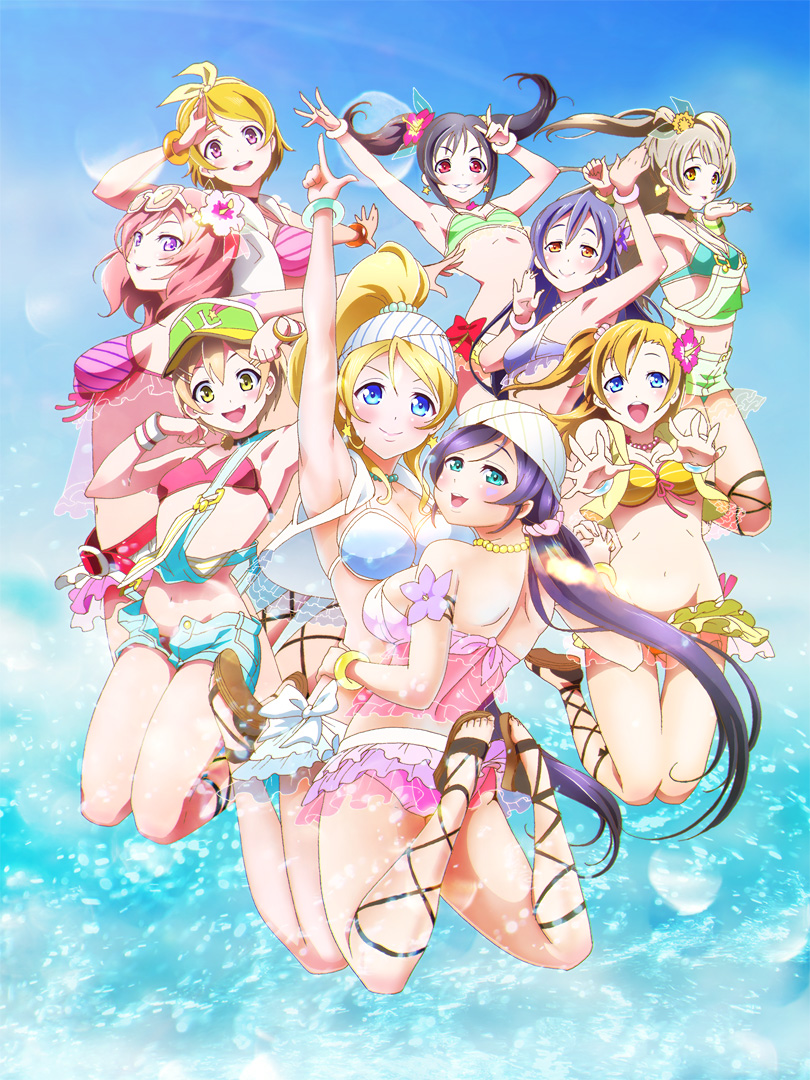 10s, 6+girls, ankle_lace-up, aqua_eyes, armband, armpits, ass, ayase_eli, belt, bikini, bikini_skirt, black_hair, blonde_hair, blowing_kiss, blue_eyes, blush, bracelet, breasts, brown_eyes, brown_hair, cleavage, clenched_hand, earrings, enshinryoku_(ticktack), eyewear_on_head, flower, front-tie_top, full_body, hair_flower, hair_ornament, hair_ribbon, hairpin, hat, heart, heart_earrings, hibiscus, hoshizora_rin, jewelry, jumping, koizumi_hanayo, kosaka_honoka, long_hair, looking_at_viewer, looking_back, love_live!, love_live!_school_idol_project, m/, medium_breasts, minami_kotori, multiple_girls, natsuiro_egao_de_1_2_jump!, navel, necklace, nishikino_maki, one_side_up, open_fly, orange_eyes, orange_hair, purple_eyes, purple_hair, red_hair, ribbon, sandals, scrunchie, short_hair, short_shorts, shorts, small_breasts, smile, sonoda_umi, star_(symbol), star_earrings, striped_bikini, striped_clothes, sunglasses, swimsuit, thigh_gap, tojo_nozomi, twintails, unzipped, water, yazawa_nico, yellow_eyes