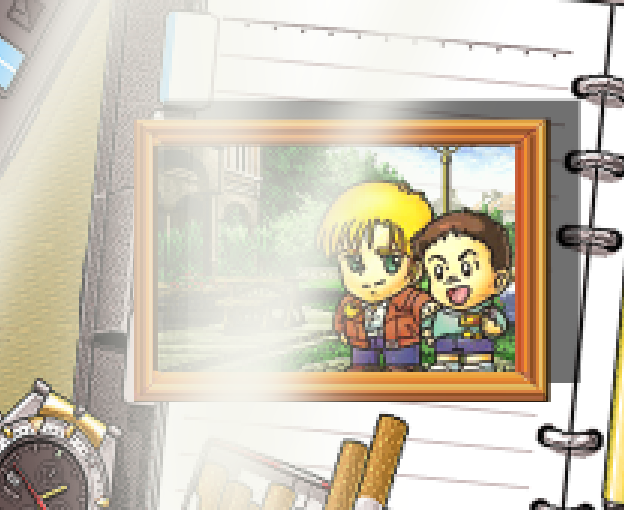 1980s_(style), 2boys, alfred_izuruha, bernard_wiseman, blonde_hair, chibi, cigarette, green_eyes, gundam, gundam_0080, kyoukou_aaresu, multiple_boys, retro_artstyle, picture_frame