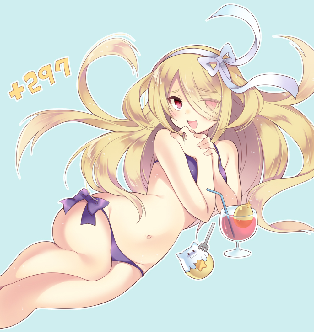 1girl, :d, adapted_costume, bikini, blonde_hair, blue_background, blush, bow