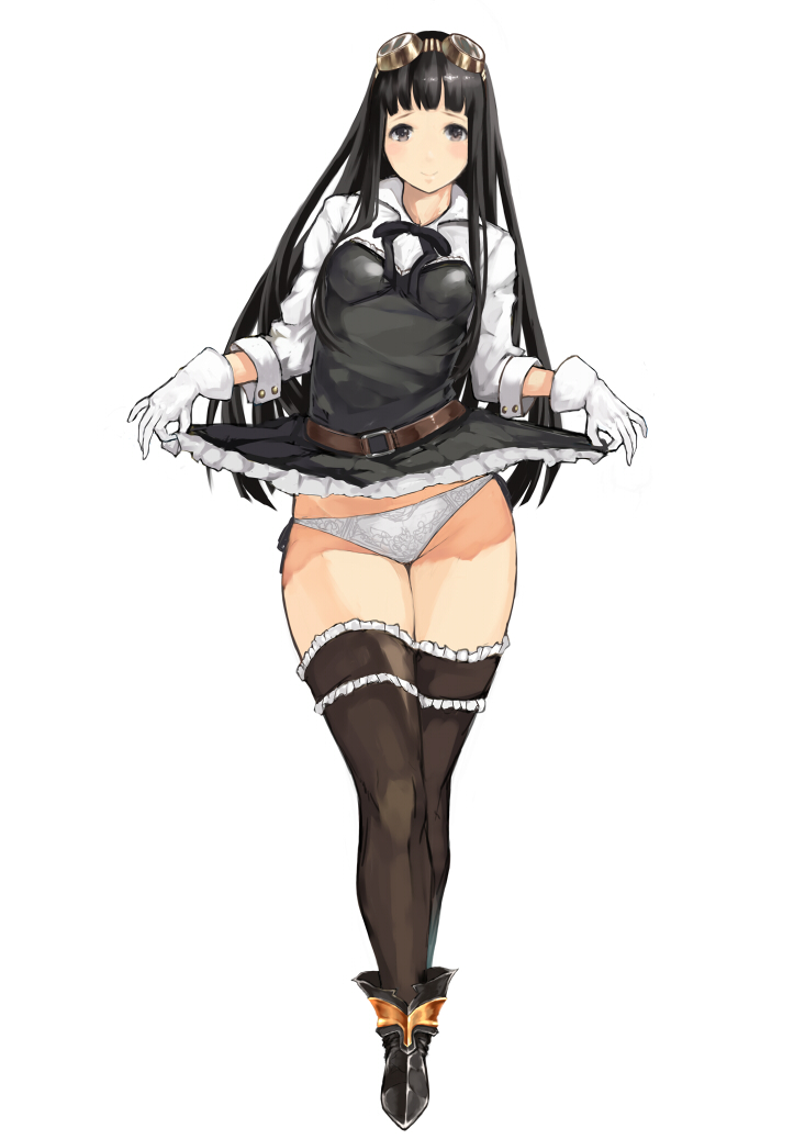 10s, 1girl, black_eyes, black_hair, black_thighhighs, blush, breasts, clothes_lift