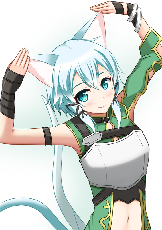 10s, 1girl, animal_ears, aqua_eyes, armor, arms_up, blue_hair, blush