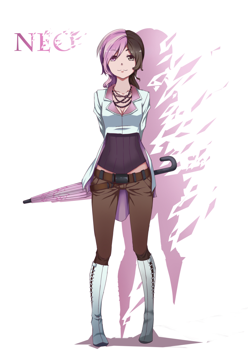 1girl, absurdres, belt, breasts, brown_hair, cleavage, closed_umbrella, female_focus, full_body, heterochromia, highres, medium_breasts, multicolored_hair, neopolitan_(rwby), purple_hair, rwby, sakimeikun-daze, solo, split-color_hair, umbrella